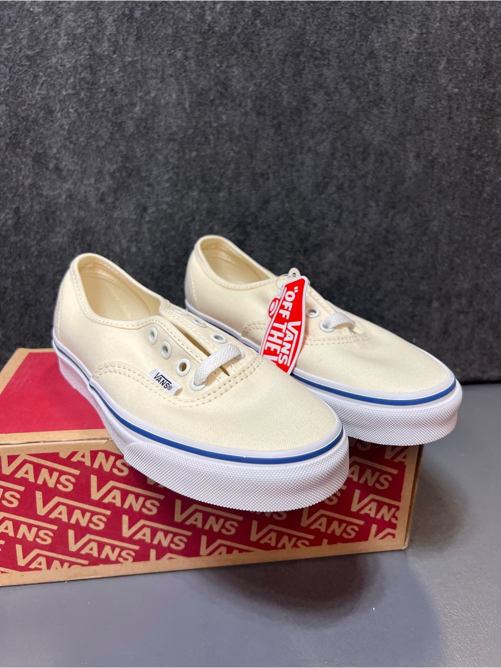 Vans Women’s Authentic Canvas Slip-On Sneakers - Cream with Blue Stripe Size 5.5